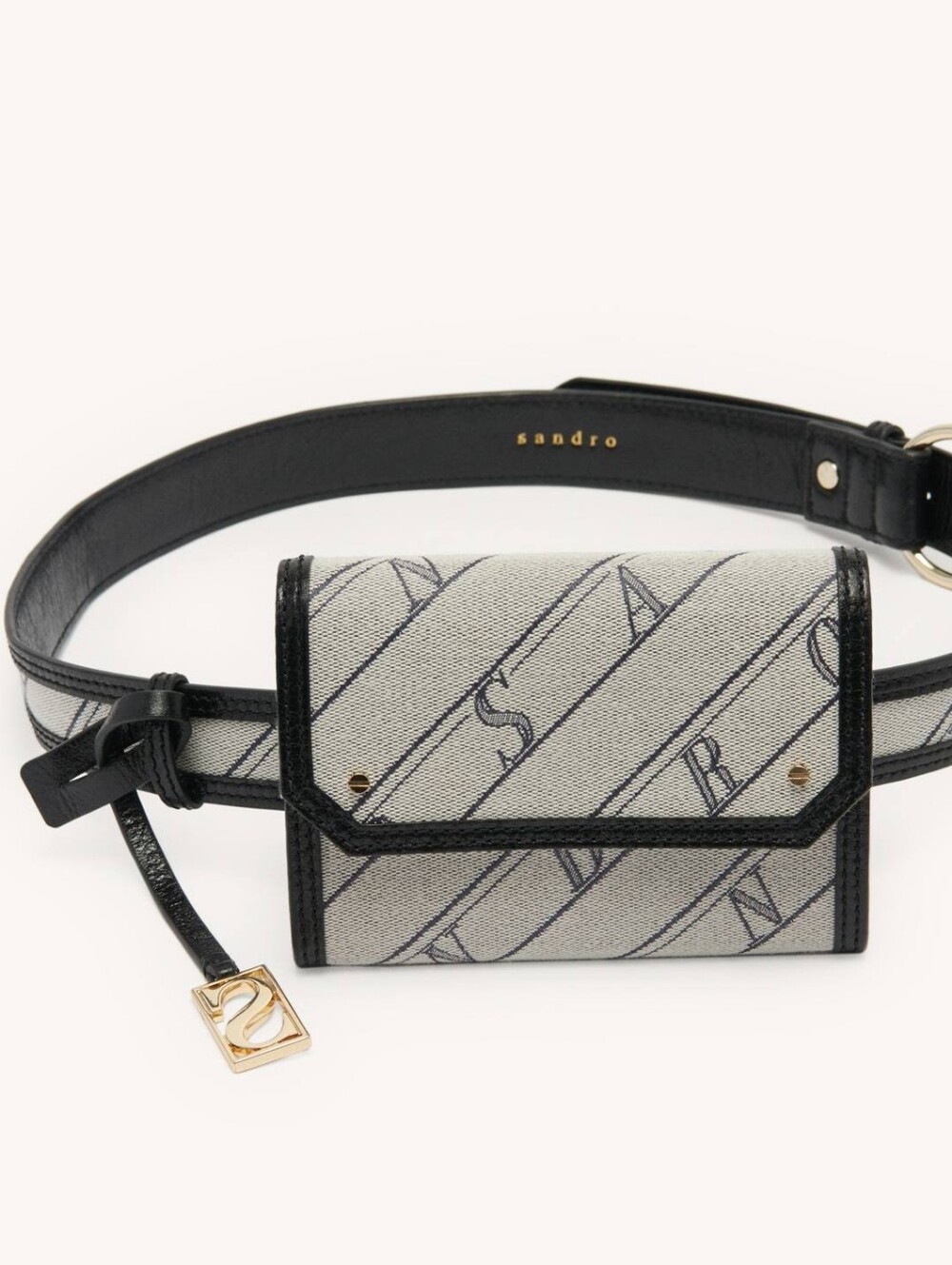 Luxury Sandro Paris Belt Wallet Bag OZ cow leather Belt Textile Gray Black Gold